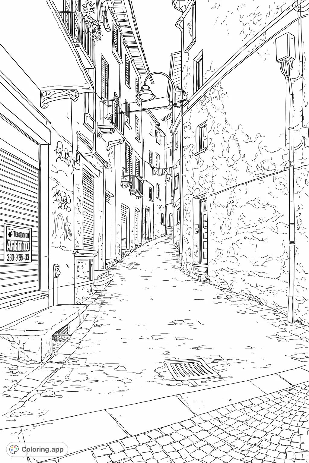 Explore a detailed narrow European street scene with aged buildings, quaint balconies, intricate textures, and a winding path, offering a rich urban coloring experience.