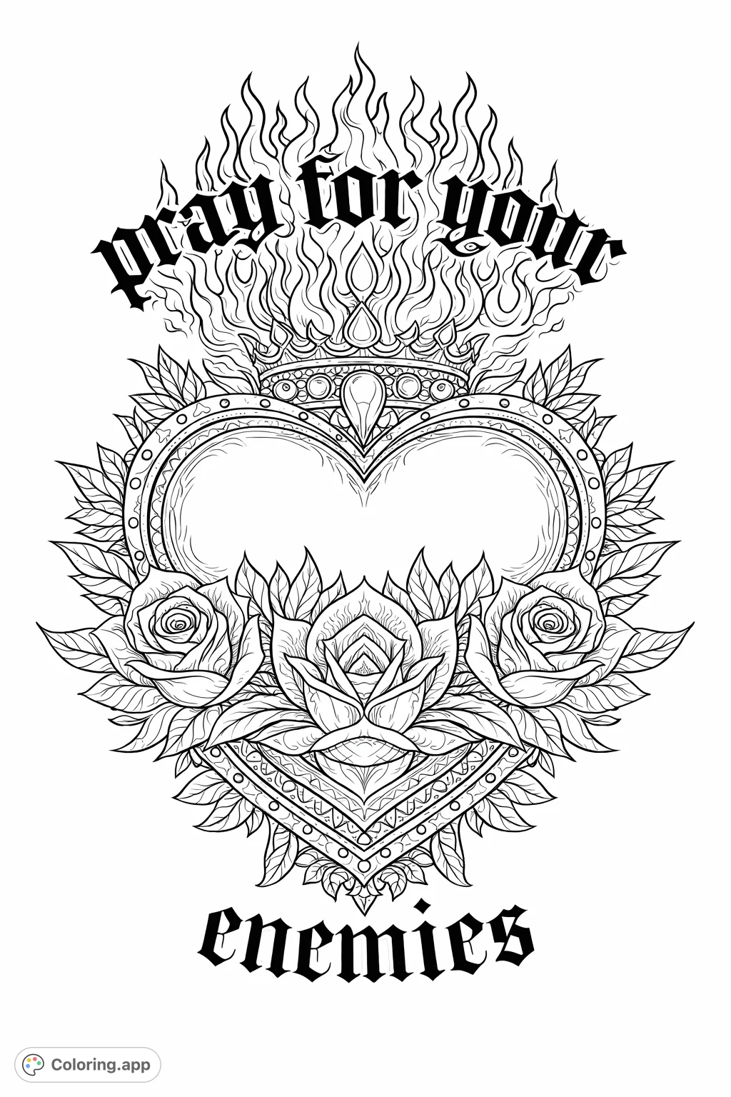 A bold sacred heart design with fiery elements, detailed roses, and inspirational text, blending traditional tattoo art with intricate geometric patterns.