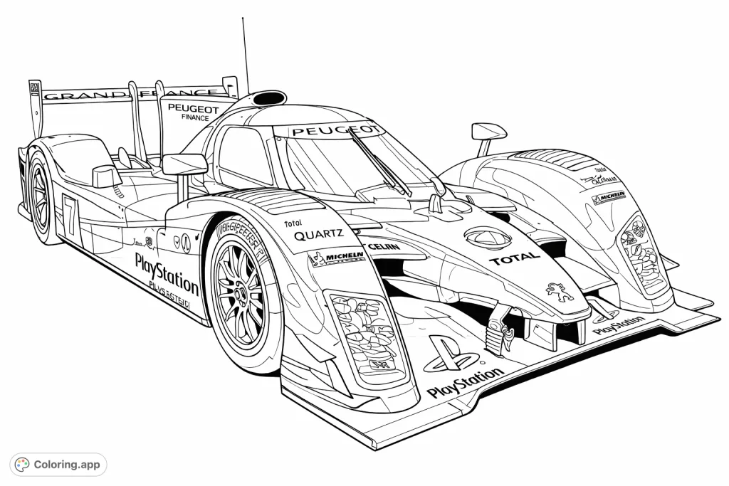 Experience the thrill of a high-performance race car coloring page. This detailed design features a sleek prototype with intricate aerodynamic elements and sponsor logos.