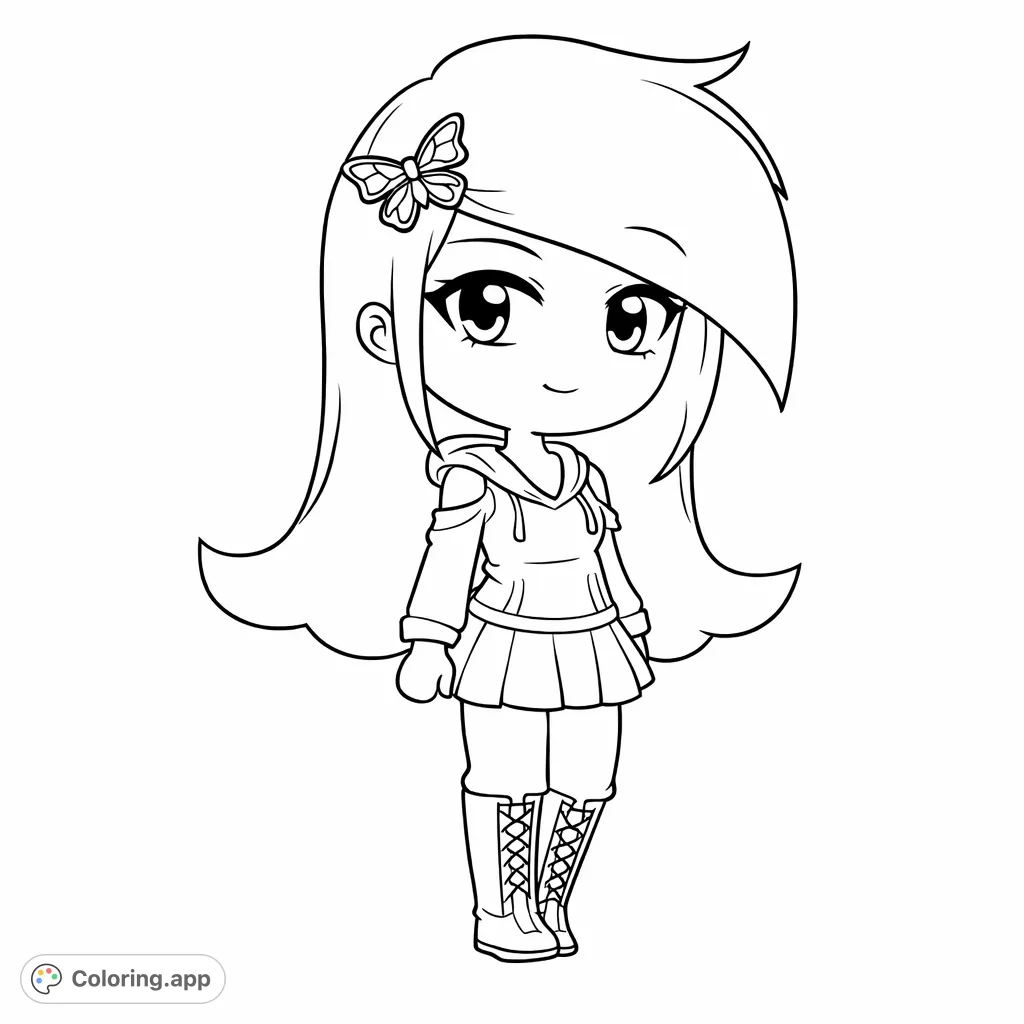 Bring this charming stylized character to life with your favorite colors! Featuring a sweet girl with a butterfly clip, perfect for creative expression.