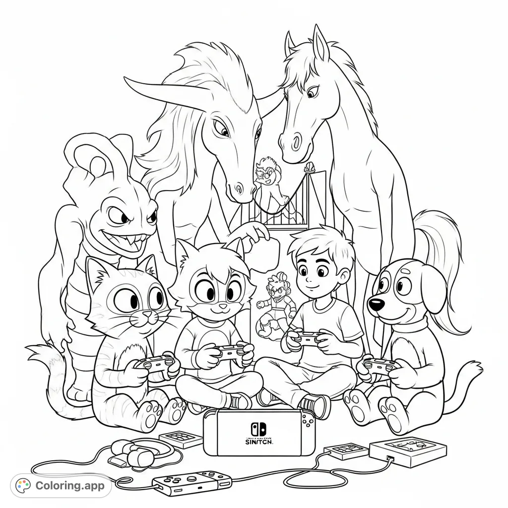 An 11-year-old boy and Trevor Henderson monsters – Cartoon Cat, Siren Head, Long Horse, Bridge Worm, Cartoon Dog – gather to play Super Smash Bros on a Nintendo Switch, a truly unique gaming session!