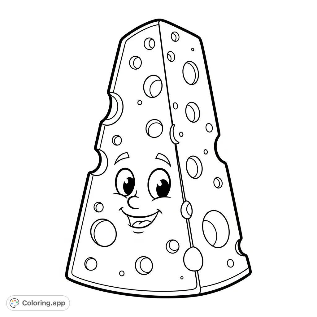 A delightful cartoon cheese wedge with a friendly face and classic holes, ready for a splash of imagination. Perfect for a fun and easy coloring experience!