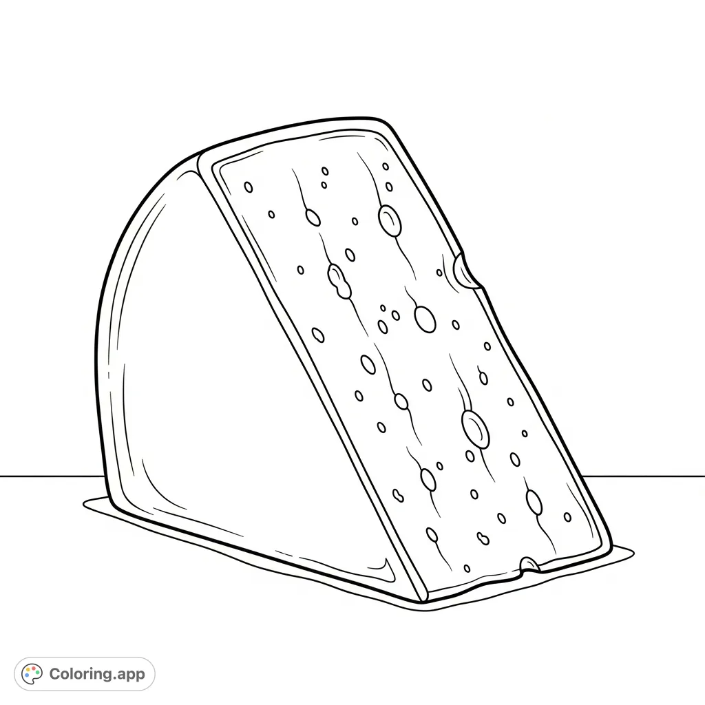 A simple, inviting classic cheese wedge with a textured, porous surface and a defined rind, perfect for a cozy coloring session. A free printable food coloring page.