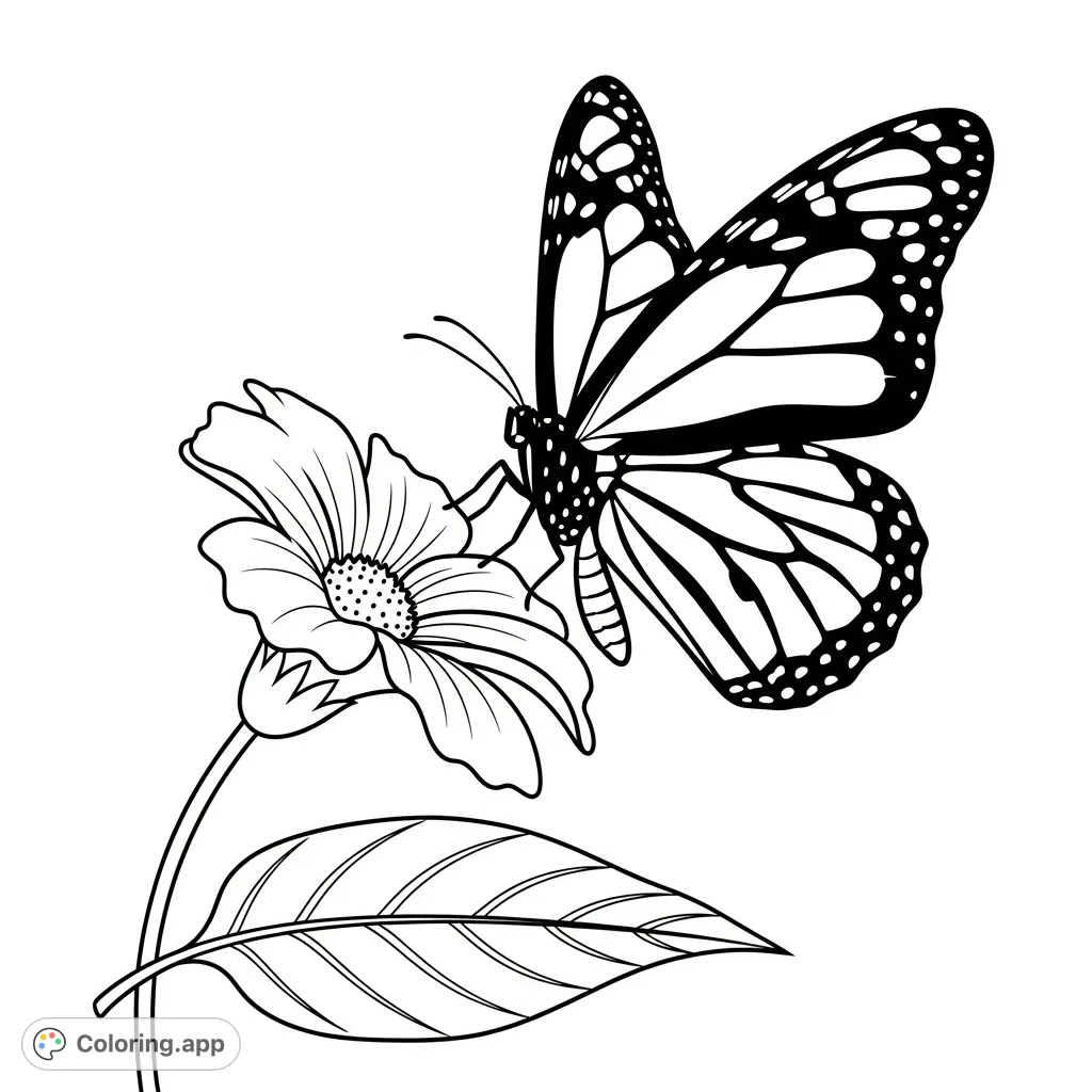 A beautiful monarch butterfly coloring page, perfect for kids to explore nature's beauty and develop fine motor skills. Features intricate wing patterns and a friendly pose.