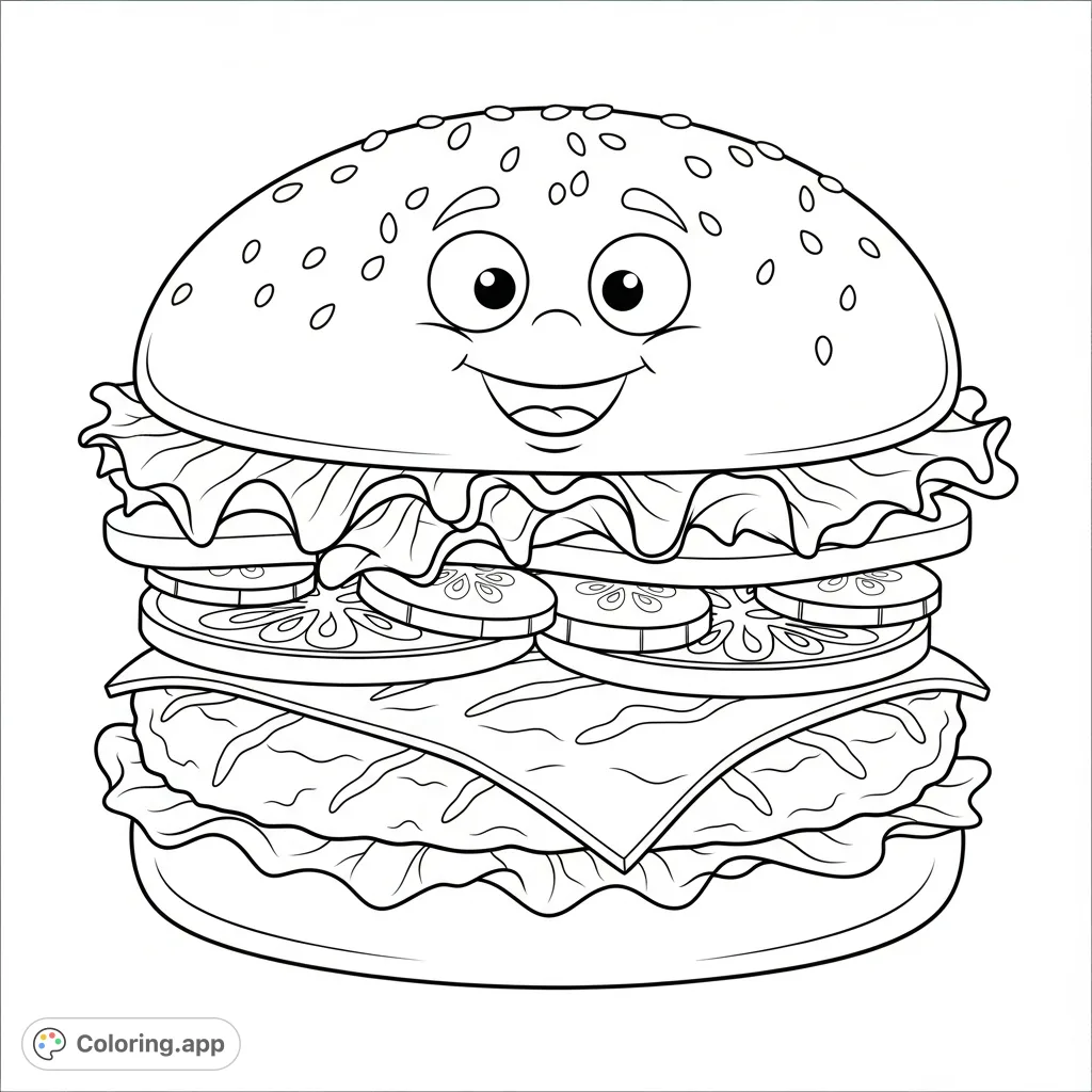 A delightful cartoon burger with a cheerful grin and expressive eyes, featuring layers of bun, patty, cheese, lettuce, tomato, and pickles. A fun food coloring page for all ages!