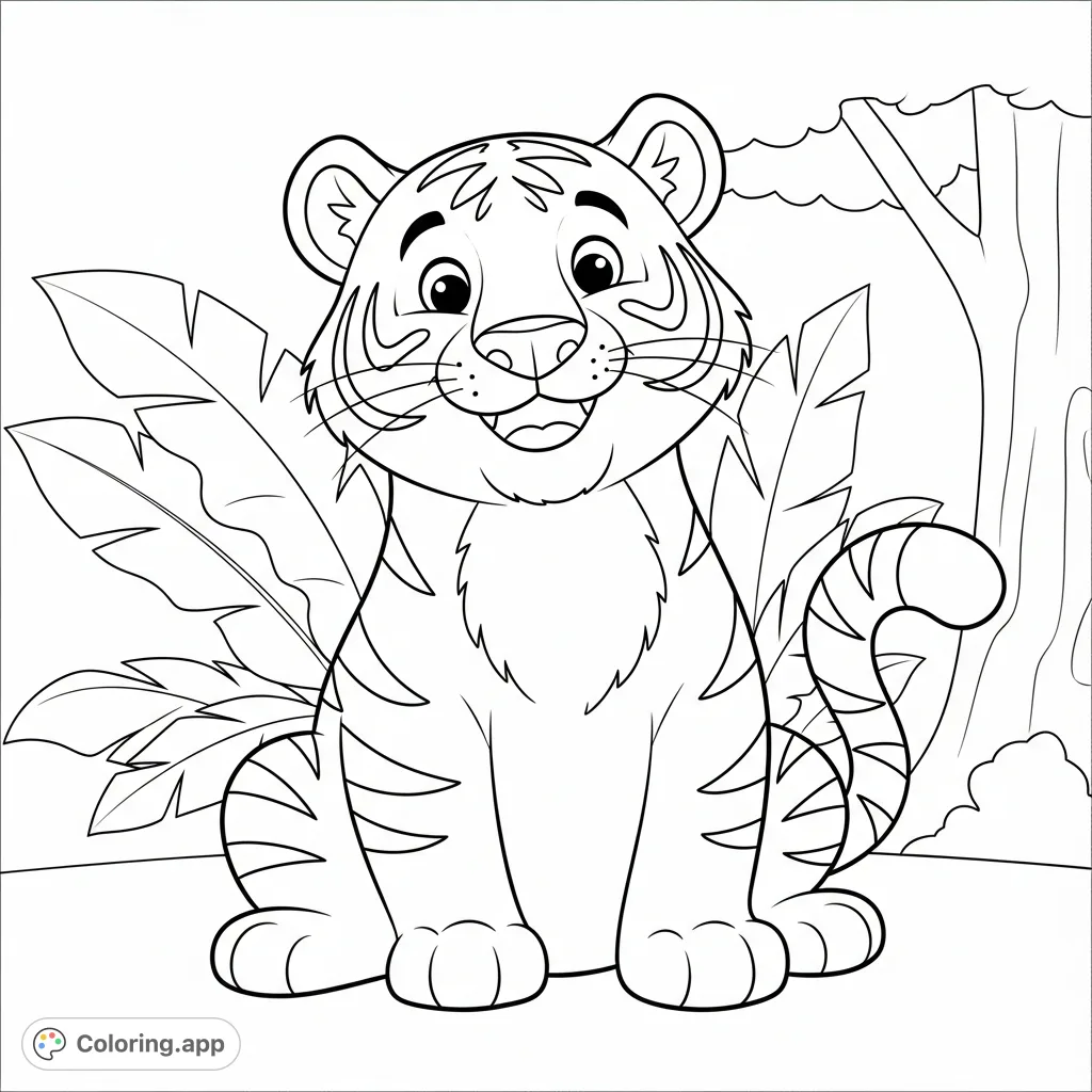A charming and friendly cartoon tiger coloring page, perfect for all ages! This adorable tiger sits playfully, ready for your creative touch.