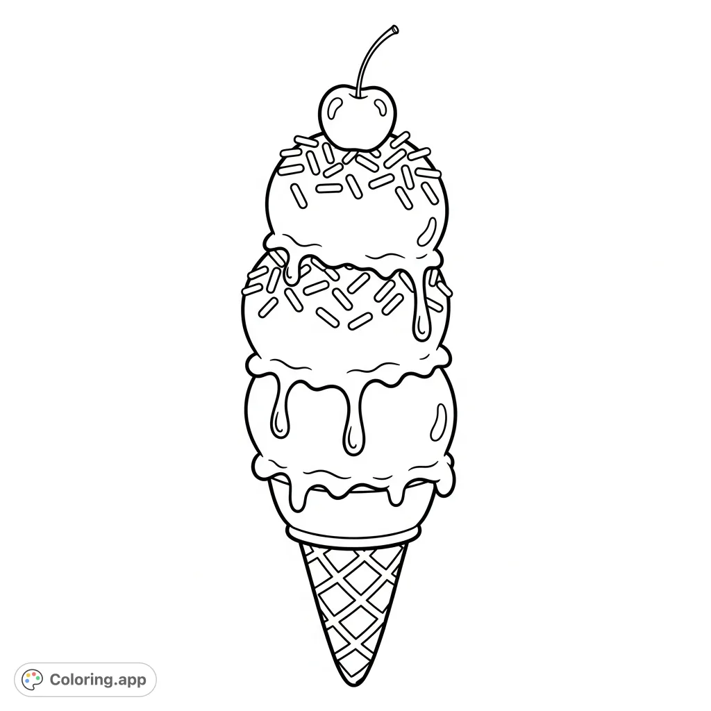 A delightful cartoon ice cream cone with three scoops, a waffle texture, playful drips, scattered sprinkles, and a cherry on top. Perfect for sweet creativity.