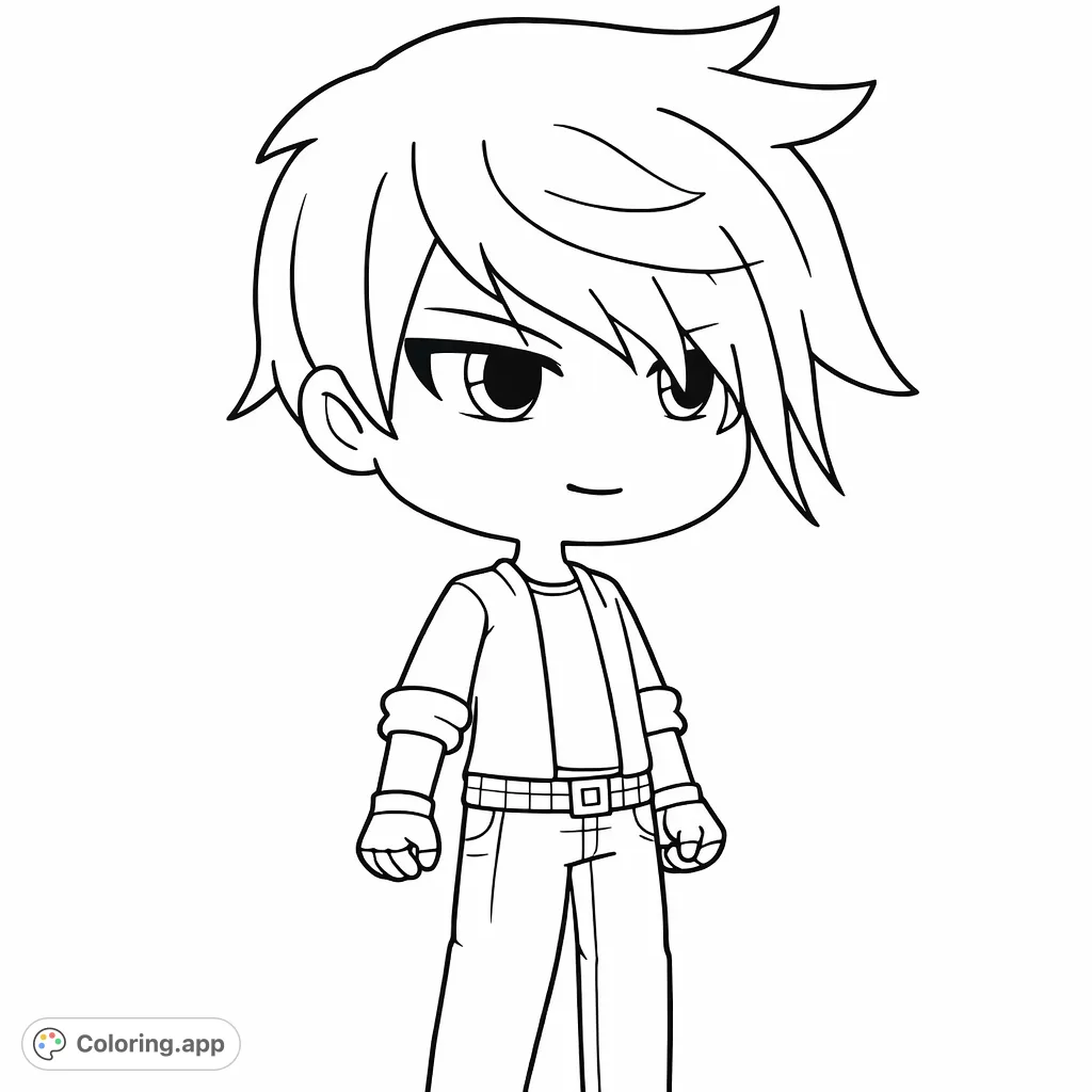Engage with this Gacha-style character coloring page! A youthful figure with spiky hair, a jacket, and fingerless gloves awaits your creative touch.