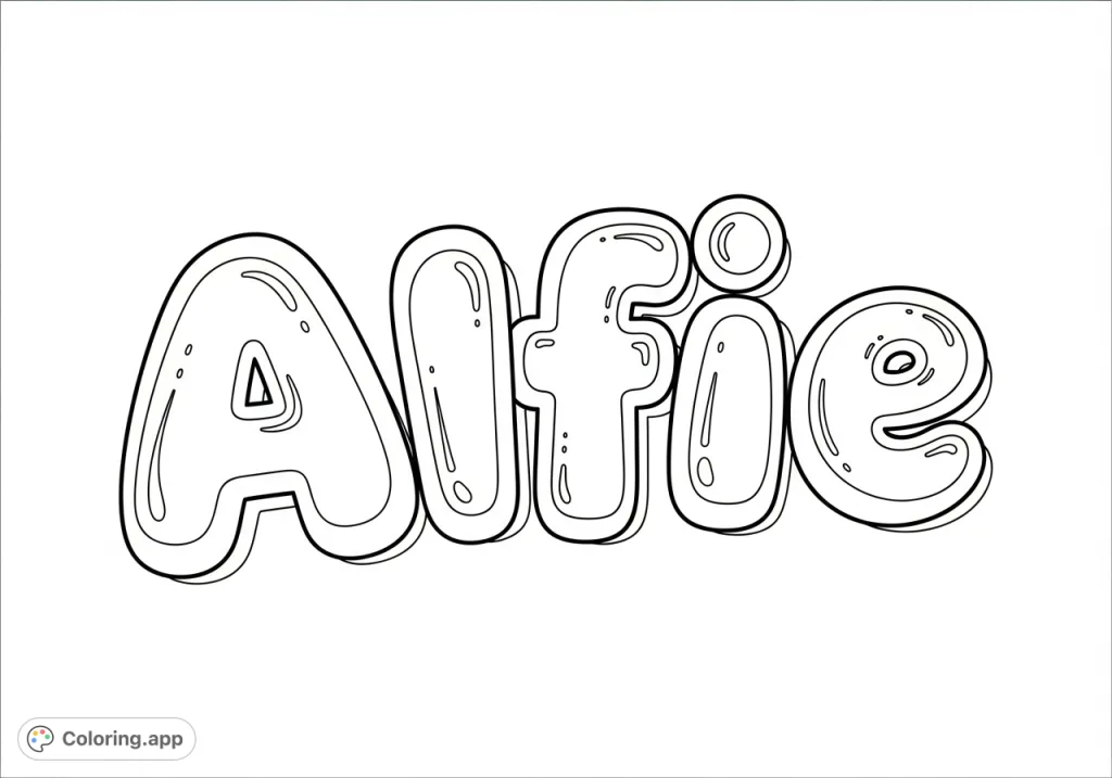 A fun, free printable Alfie coloring page featuring the name 'Alfie' in playful bubble writing, perfect for personalization and creative expression.