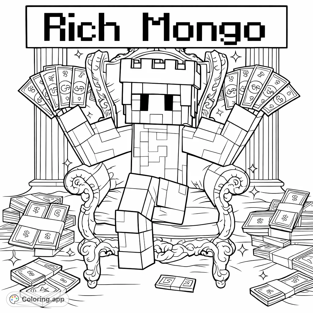 Color a block-style king on a grand throne, surrounded by stacks of currency in a luxurious setting. A fun and engaging coloring page for all.