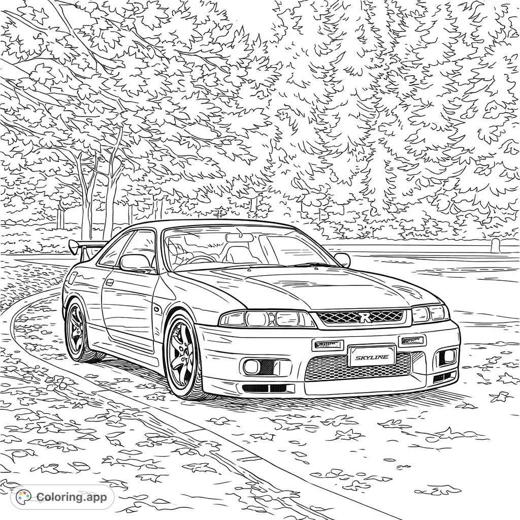 Color a legendary sports car parked on a winding road, surrounded by scattered leaves and a backdrop of dense trees. Perfect for car enthusiasts.