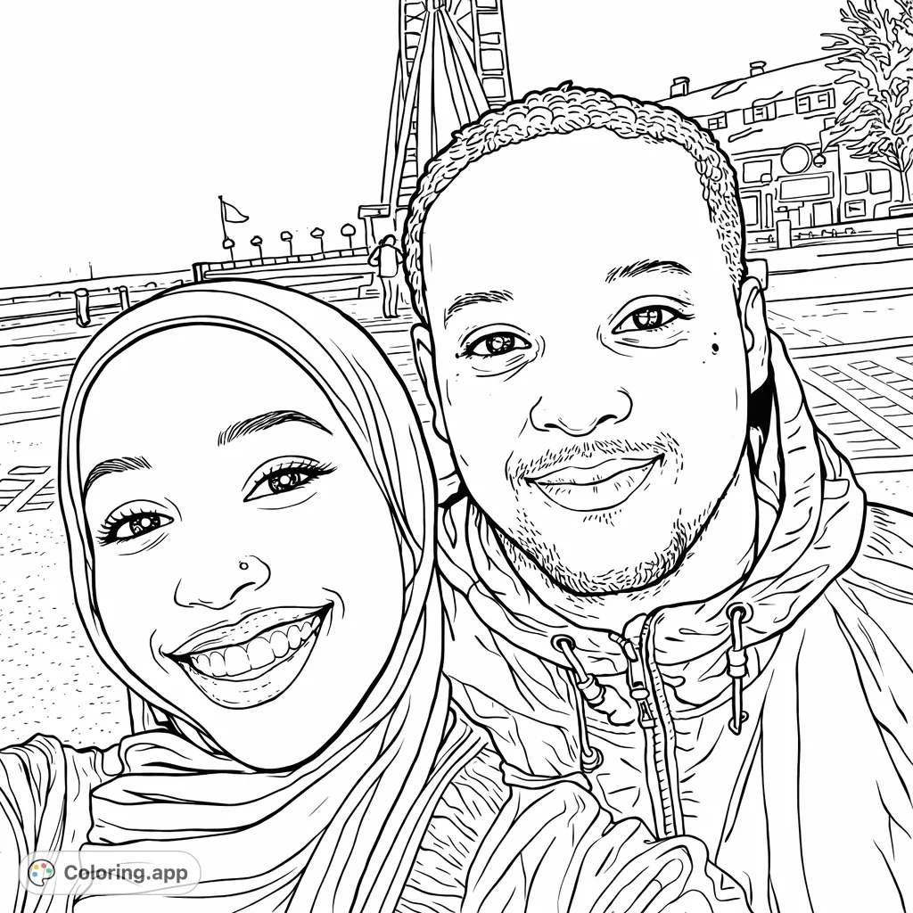 A smiling couple enjoys a night out at an amusement park, featuring a prominent Ferris wheel and dynamic lights in the background.