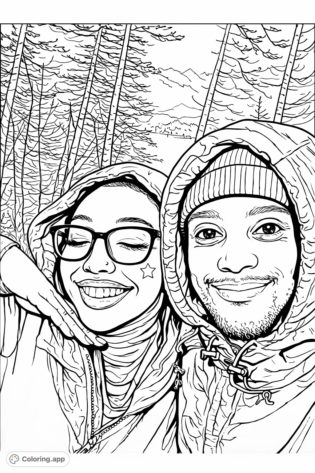 Capture the joy of an outdoor adventure with this hiking couple coloring page, featuring two smiling individuals amidst a scenic mountain and forest backdrop.