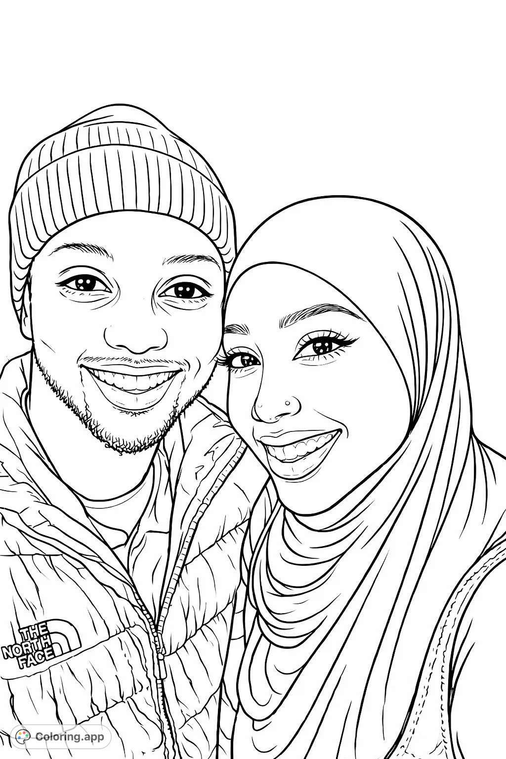 Capture the warmth of a smiling couple in this portrait coloring page. Features a man in a beanie and a woman in a head covering, set against a simple backdrop.