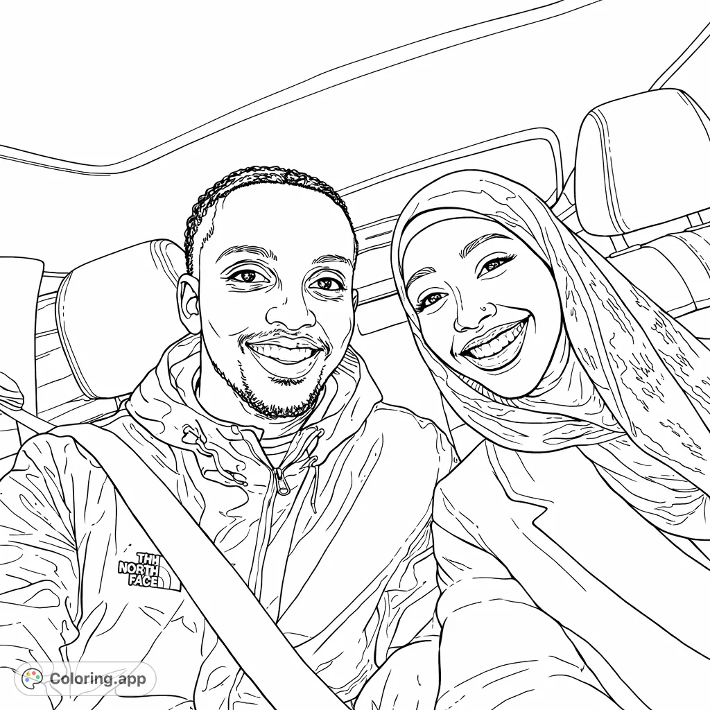 A cheerful duo smiles broadly in a car interior, featuring a man with a jacket and a woman with a patterned head covering, perfect for a personalized coloring experience.