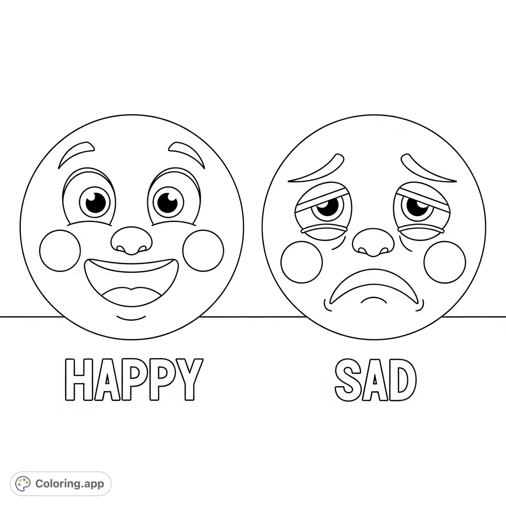 Explore feelings with this free printable emotions coloring page, featuring a cheerful happy face and a melancholic sad face, perfect for young learners.