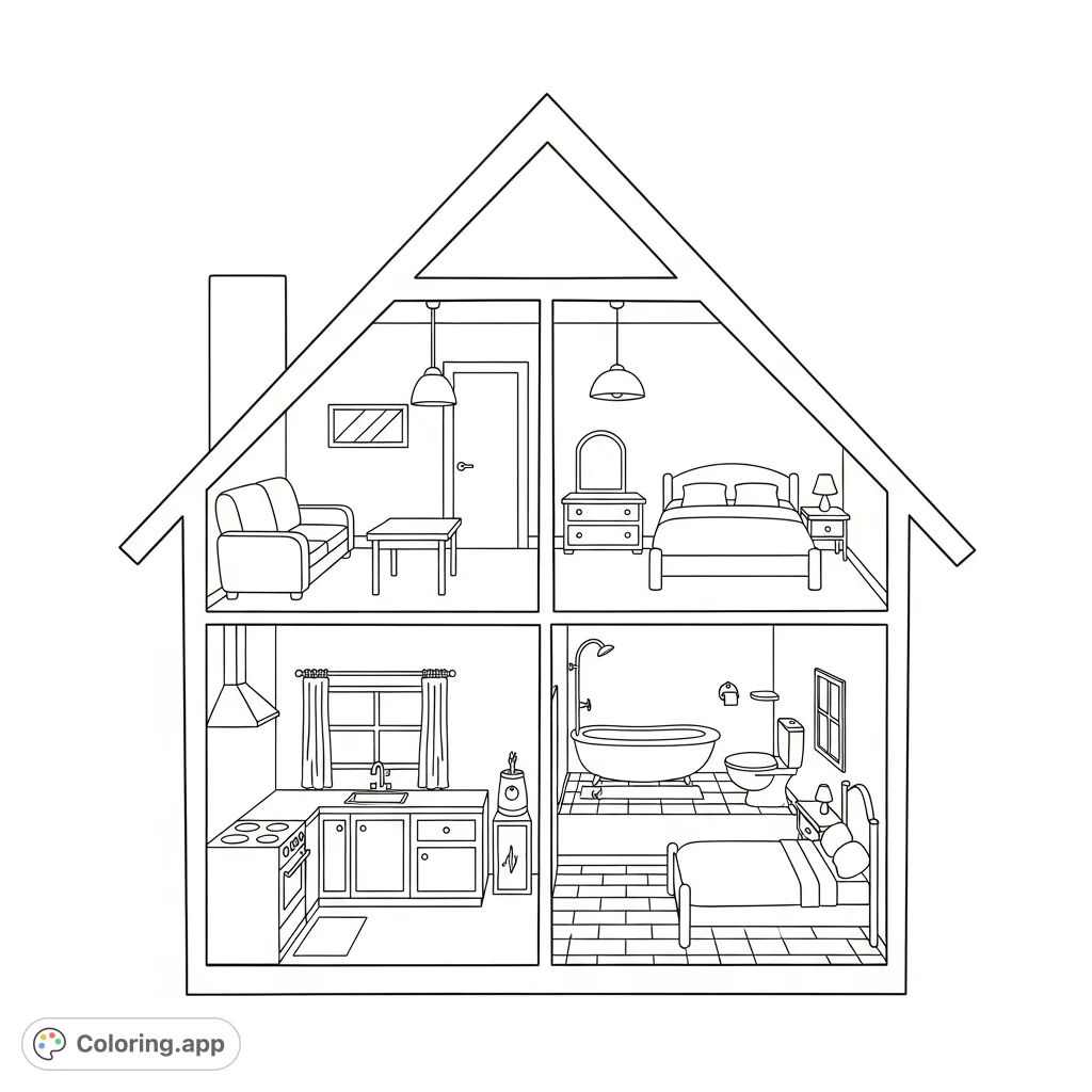 Explore and color a house outline divided into a living room, kitchen, bedroom, and bathroom. Perfect for kindergarten kids to learn rooms and furniture.