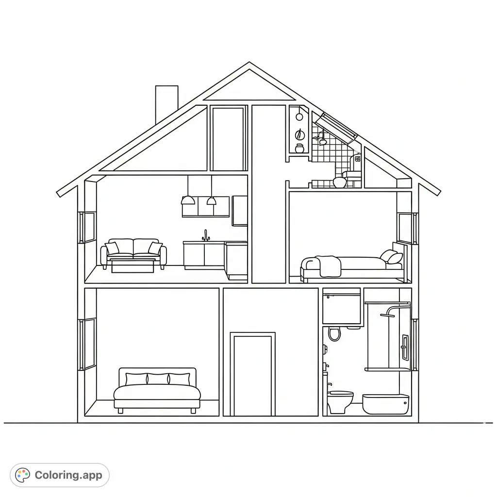 A charming house outline featuring distinct rooms like a living area, kitchen, bedroom, and bathroom, perfect for young students to color and learn.