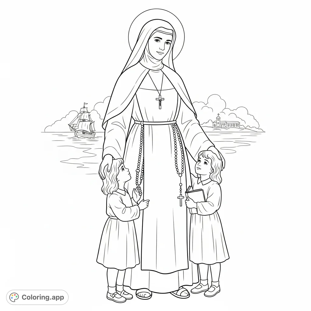 A detailed Saint Francis Xavier Cabrini coloring page, depicting her compassionate work with children and her missionary spirit across the globe.