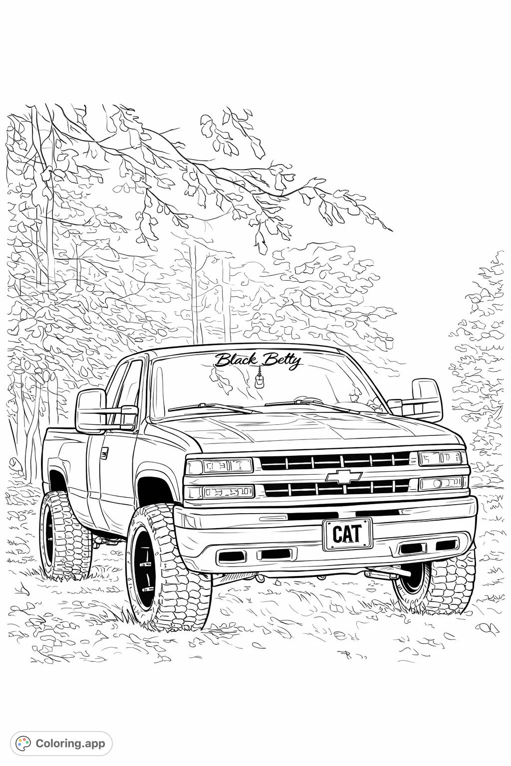 Color a powerful pickup truck with oversized tires and a distinctive grille, set against a backdrop of dense forest foliage and fallen leaves, ready for adventure.