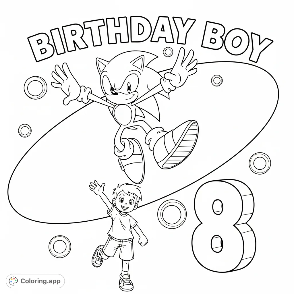 A dynamic Sonic the Hedgehog coloring page, featuring Sonic mid-jump above a child, bold "BIRTHDAY BOY" text, and a number "8", amidst abstract shapes.
