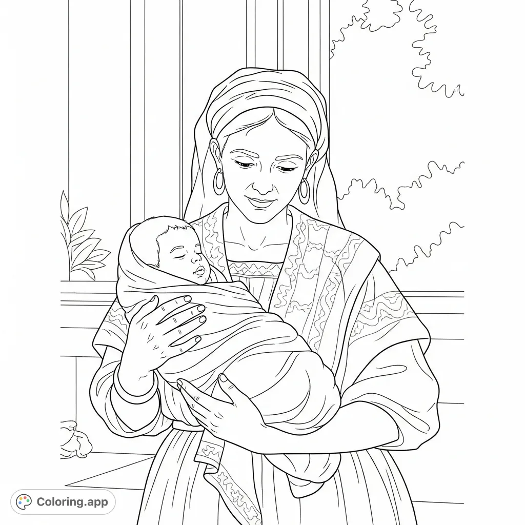 A touching historical scene of baby Simon Bolivar in the arms of his devoted nanny. Perfect for history enthusiasts to personalize.