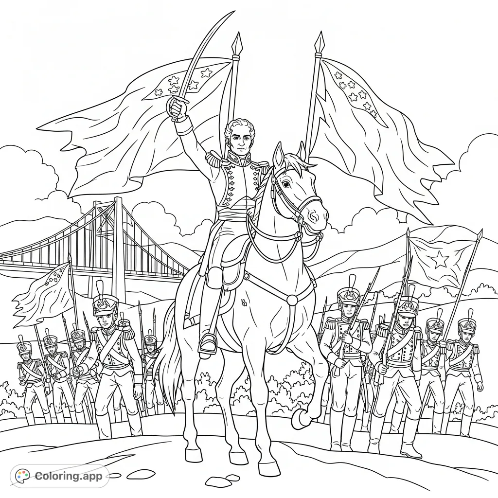 A powerful image of Simon Bolivar on horseback, leading his soldiers at the Battle of Boyaca, with the iconic bridge in the background. Perfect for young historians!