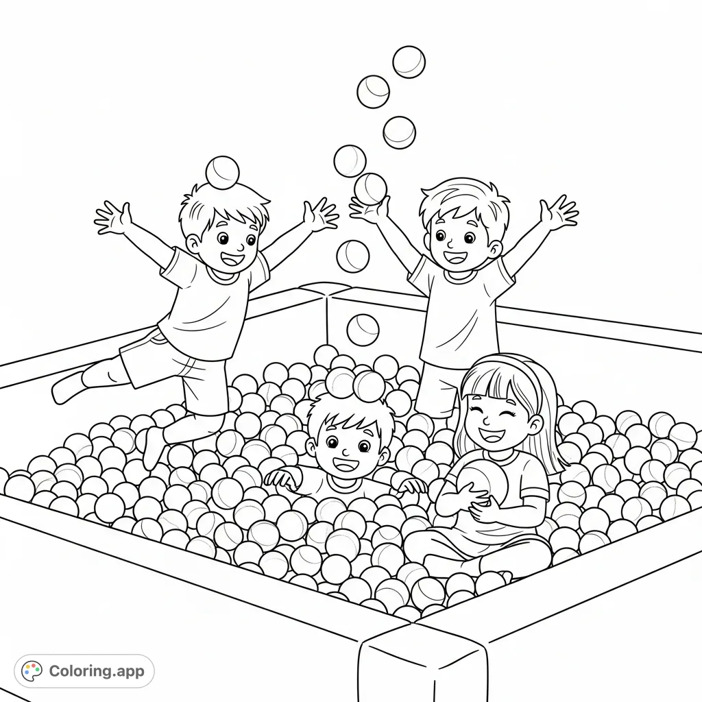 A cheerful ball pit coloring page featuring three boys and one girl playing amidst a sea of spheres. Perfect for young artists to explore imagination and color!