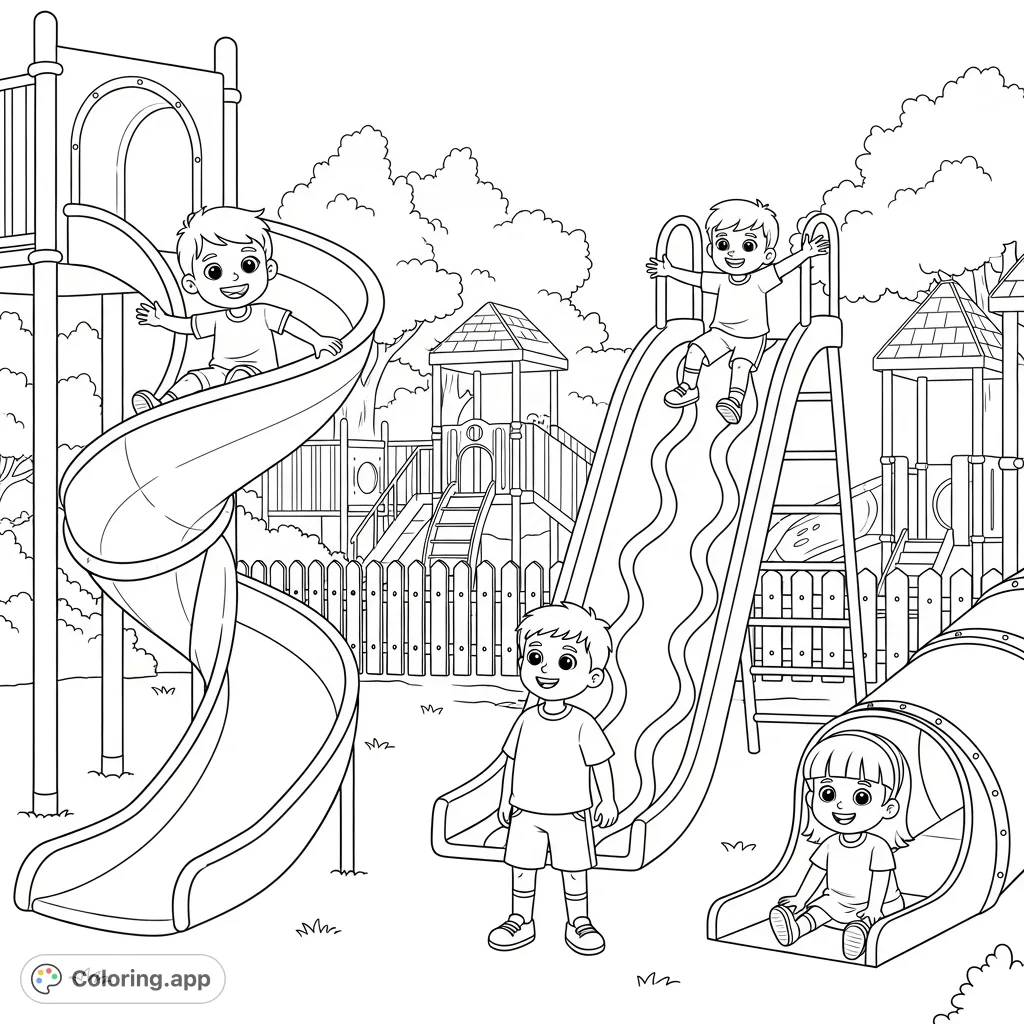 A delightful coloring page featuring three boys and one eight-year-old girl enjoying various slides at a lively playground park, surrounded by trees and structures.