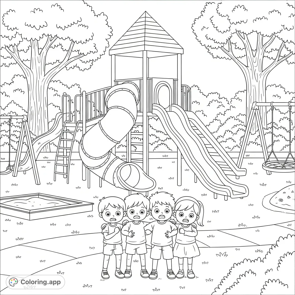 A thrilling playground scene featuring four startled children amidst slides and park structures, perfect for an adventurous coloring experience.