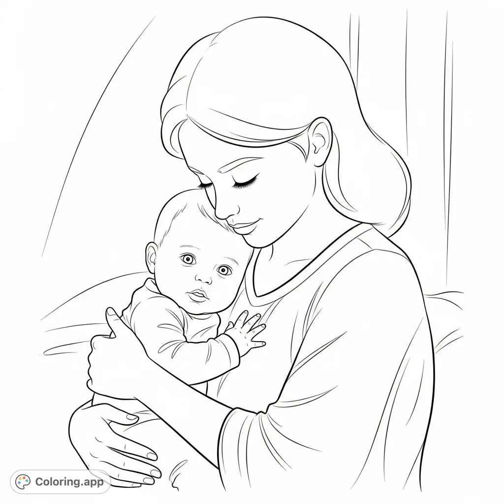 A heartwarming free printable baby and woman coloring page featuring a gentle embrace, perfect for celebrating family bonds and nurturing love.