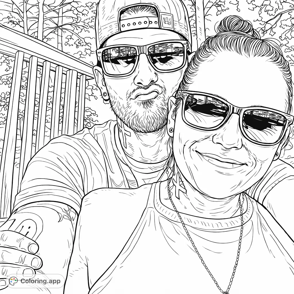 A detailed portrait of a couple in a casual embrace, featuring sunglasses, tattoos, and personal expressions for a unique coloring experience.