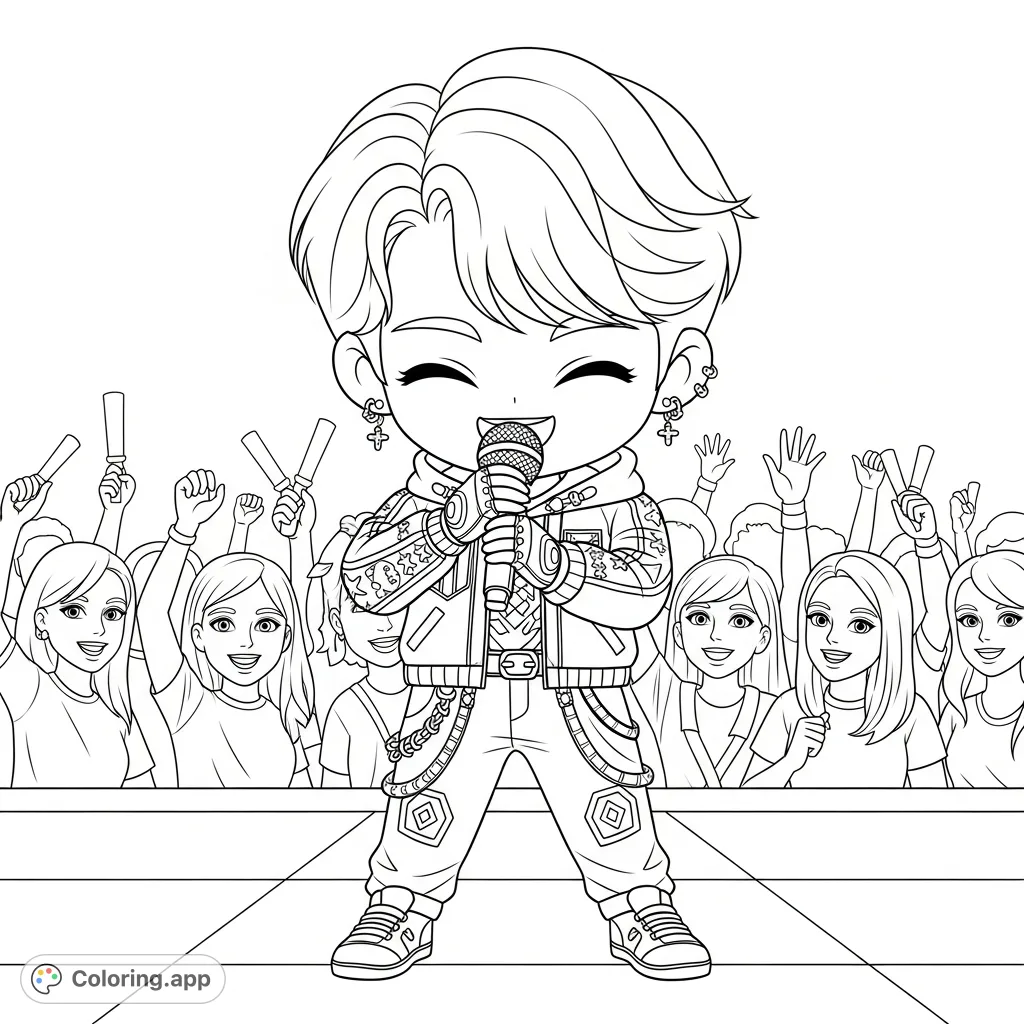 A charming chibi K-pop idol sings passionately into a microphone, surrounded by an excited crowd of fans. Perfect for Kpop enthusiasts to personalize.