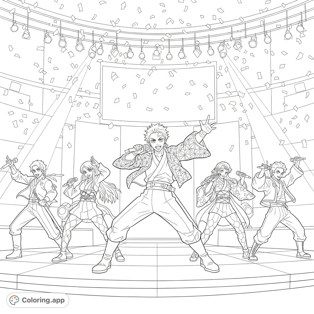 A dynamic K-Pop demon hunter group performs on a stage amidst falling confetti, wielding microphones for an energetic show.