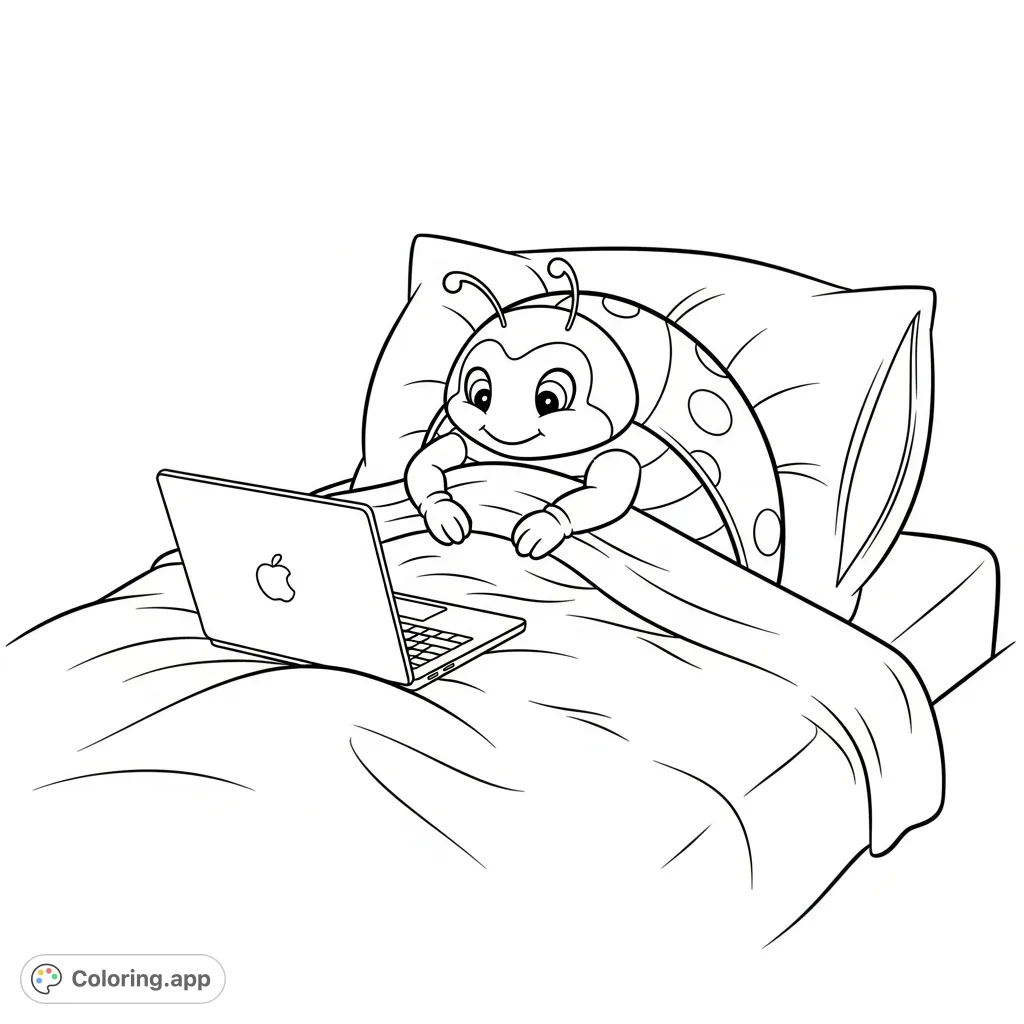 This charming ladybug coloring page features a tiny insect snuggled in bed under a cozy blanket, watching a laptop. Free printable fun for all ages!