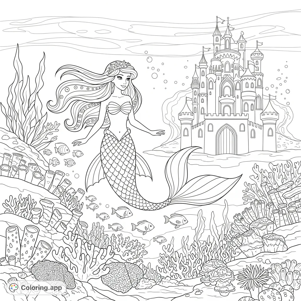 Dive into an enchanting underwater kingdom coloring page! Features a graceful mermaid princess, a majestic castle, and a vibrant coral reef.