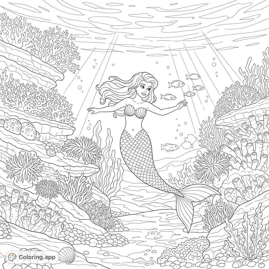 Dive into a whimsical underwater world! This fantasy mermaid coloring page features a playful mermaid swimming amidst a vibrant coral reef filled with detailed marine life. Free printable coloring page fun!