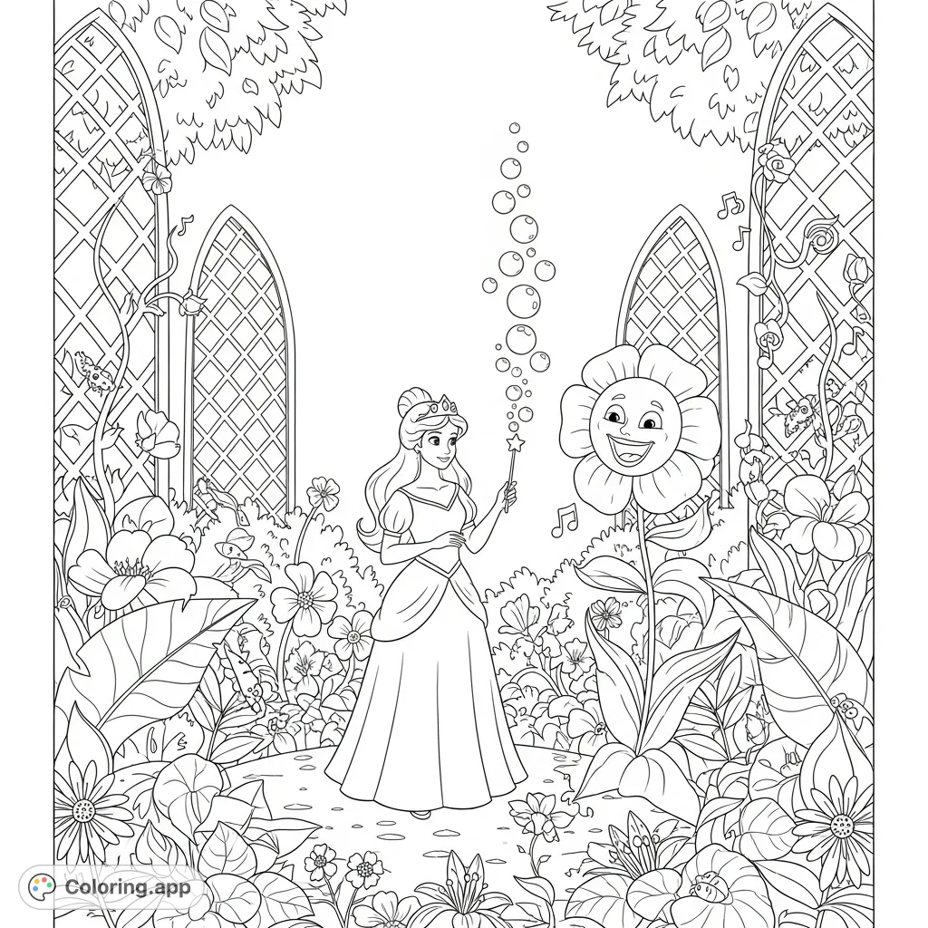 A graceful princess blows bubbles in an enchanted garden, accompanied by a singing flower. A whimsical scene for fantasy lovers to color.
