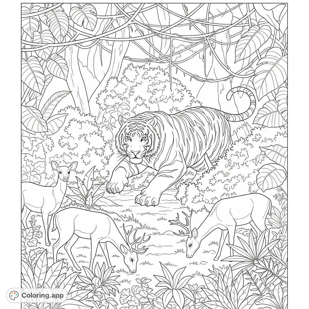 A thrilling jungle animals coloring page depicting a stealthy tiger poised to hunt deer among dense bushes. A captivating scene for all ages.