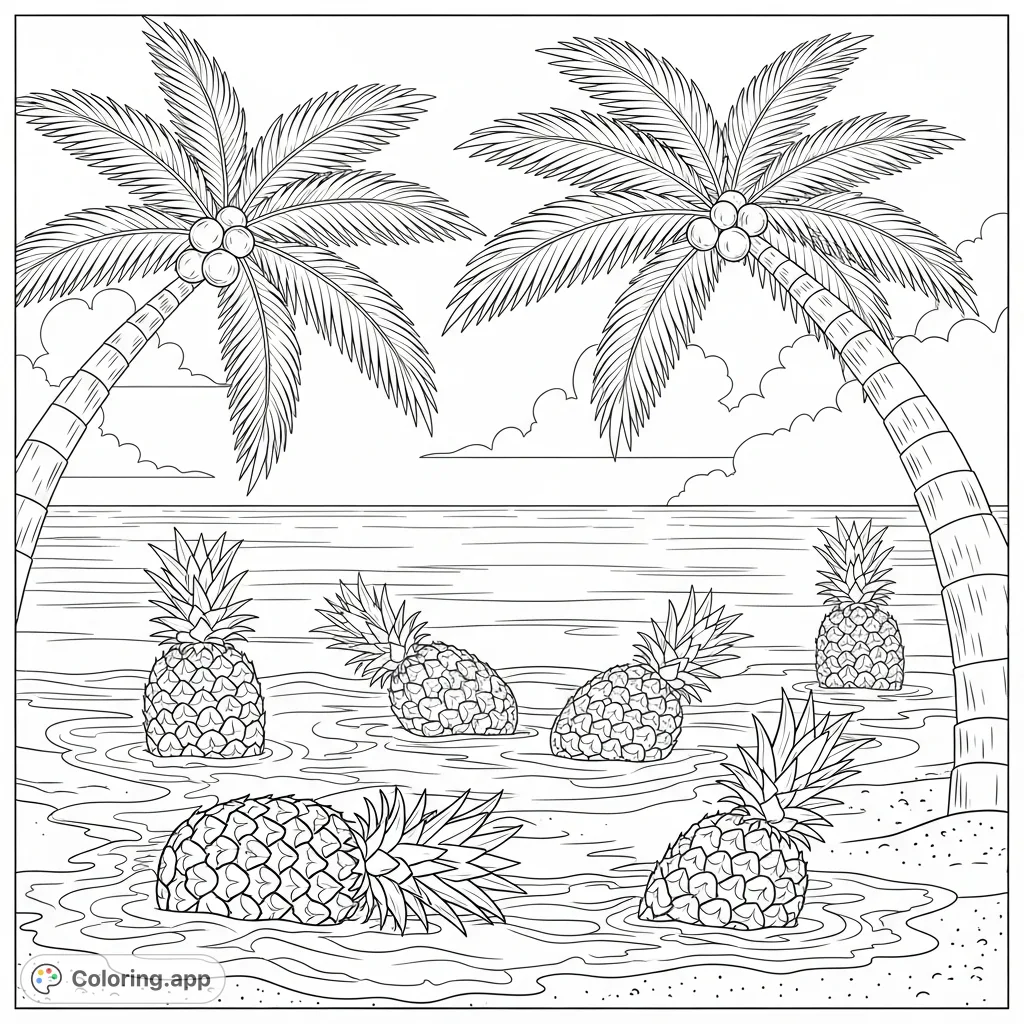 Dive into a serene tropical beach with pineapples nestled on the sand, framed by swaying palm trees and gentle ocean waves. A perfect free printable coloring page.