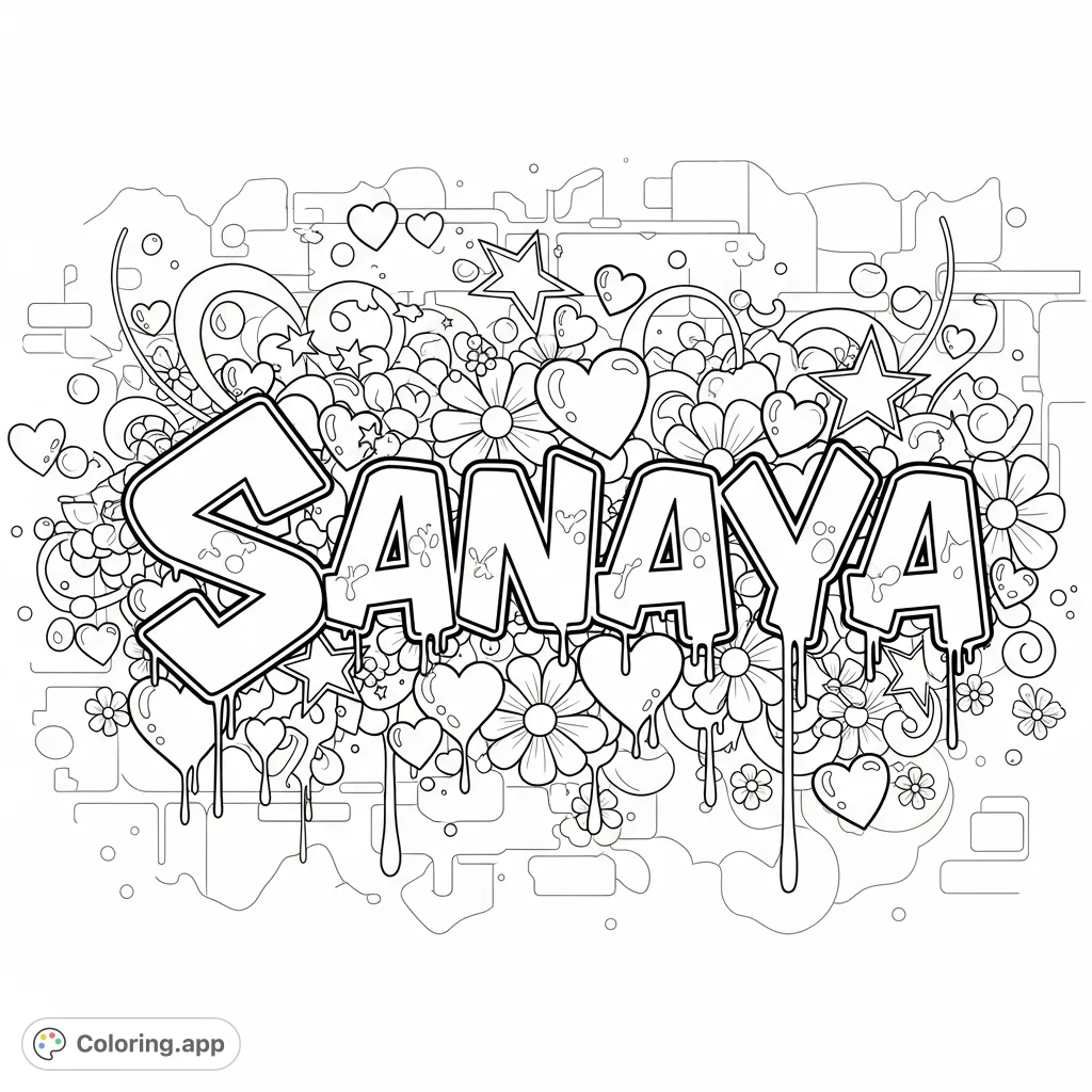 A vibrant "Sanaya" graffiti coloring page featuring bold lettering, intricate hearts, stars, flowers, and abstract elements against a textured urban wall background.