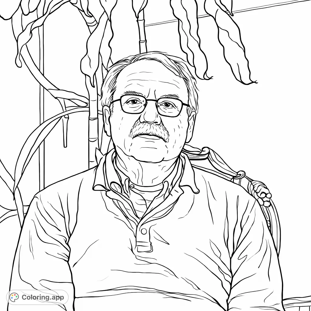 A thoughtful portrait of an older man with glasses and a mustache, seated against a subtle background with an elegant plant and ornate chair detail. Ideal for expressive coloring.