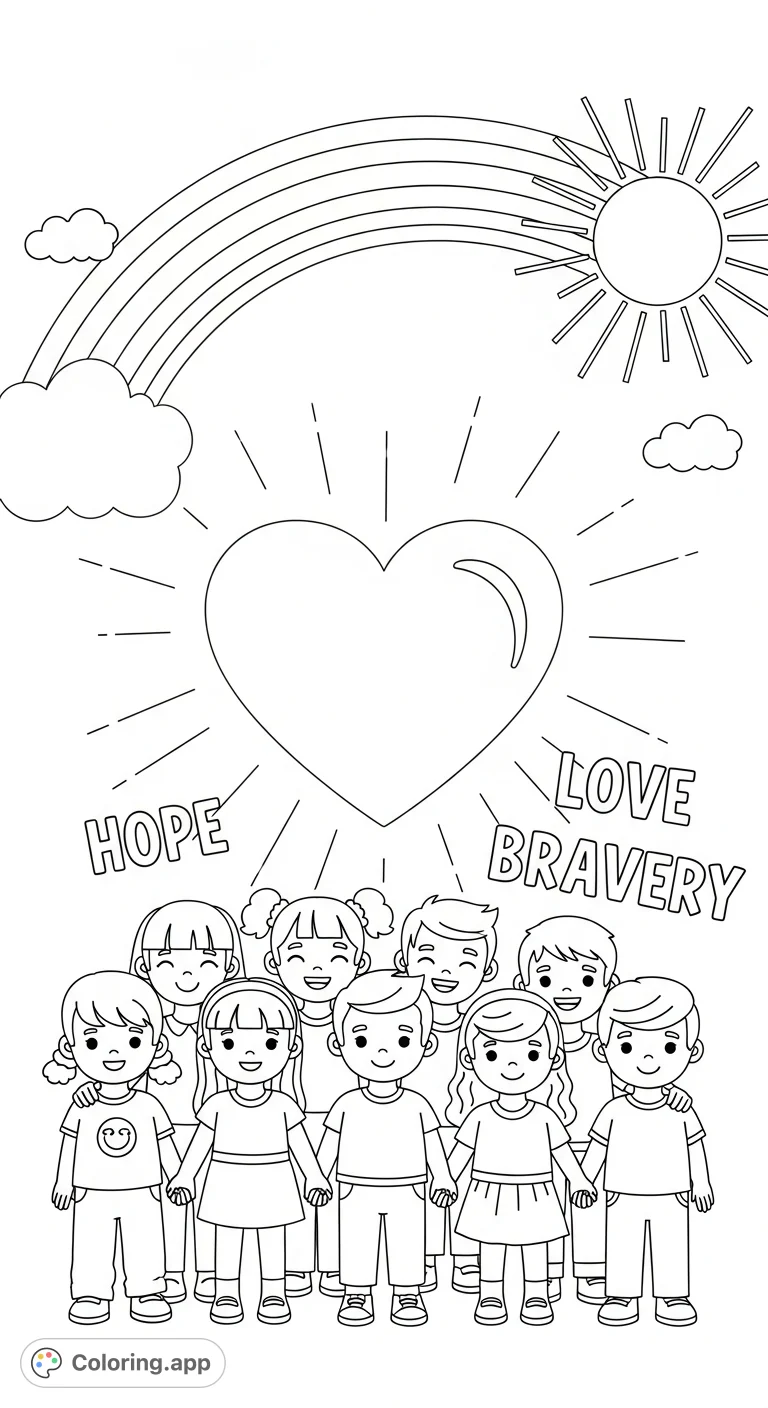 An empowering children prevent abuse coloring page featuring diverse kids, a glowing heart, rainbow, and sun, symbolizing unity, hope, love, and bravery.