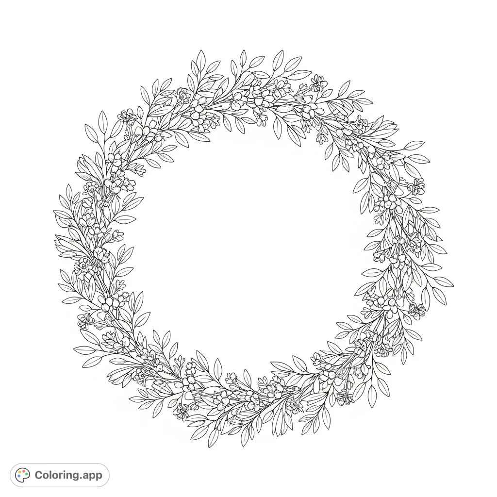 A charming and simple floral wreath coloring page featuring delicate leaves and petite blossoms. Perfect for relaxation and creative expression.