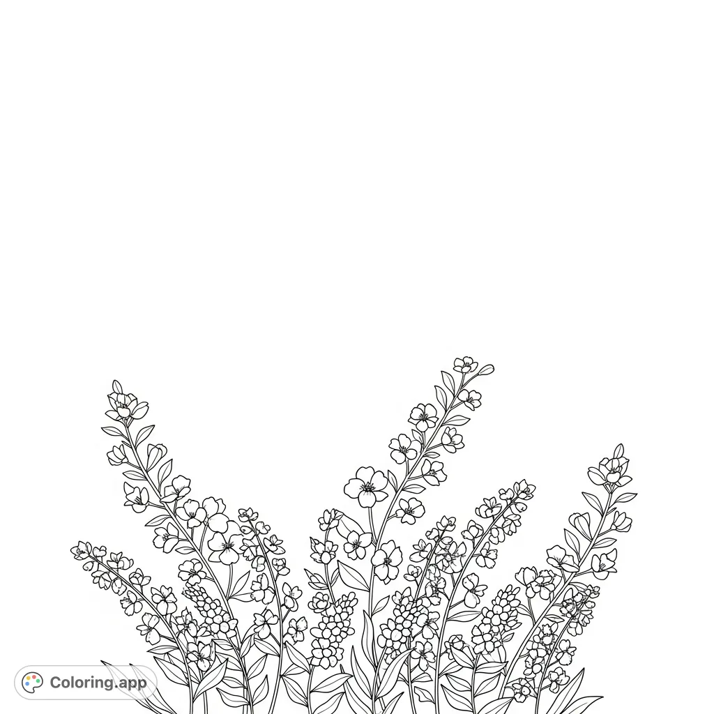 A serene minimalist floral arrangement with flowing stems and delicate blooms, leaving ample open space for a calm, customizable coloring experience.