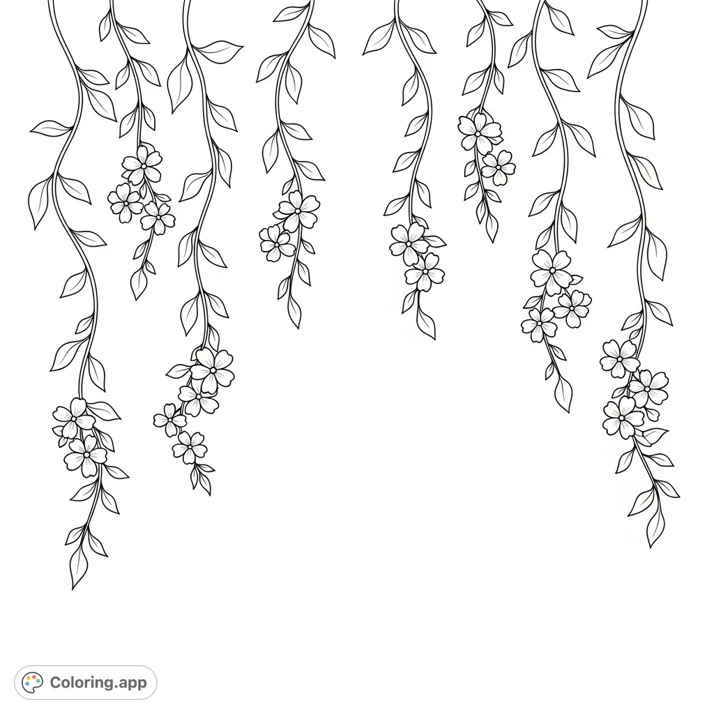 Discover calm with this airy botanical coloring page featuring delicate hanging vines and small, elegant flowers. An open center invites serene creativity for all ages.