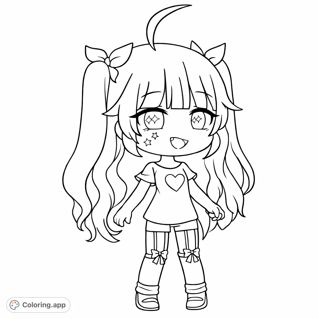 Color this adorable Gacha character with pigtails, a heart top, and playful accessories. Perfect for fans of custom character design!