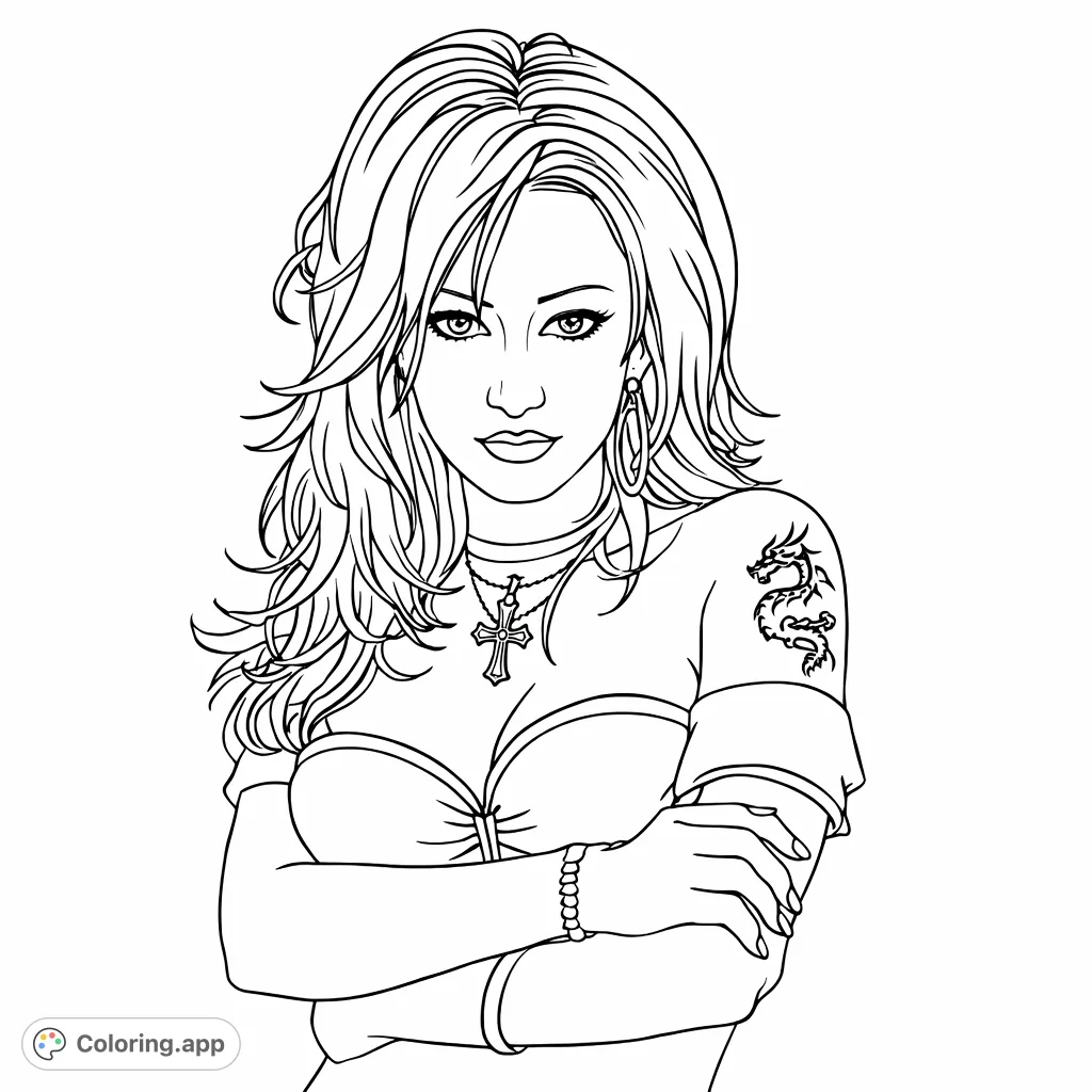 A striking woman with long wavy hair, a detailed dragon tattoo, and distinctive accessories in a gothic style. Express your creativity on this unique page.