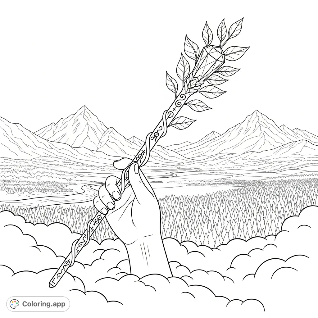 A mysterious hand extends from a cloud, holding an intricate, leaf-adorned wand over a breathtaking panorama of mountains, rivers, and forests.