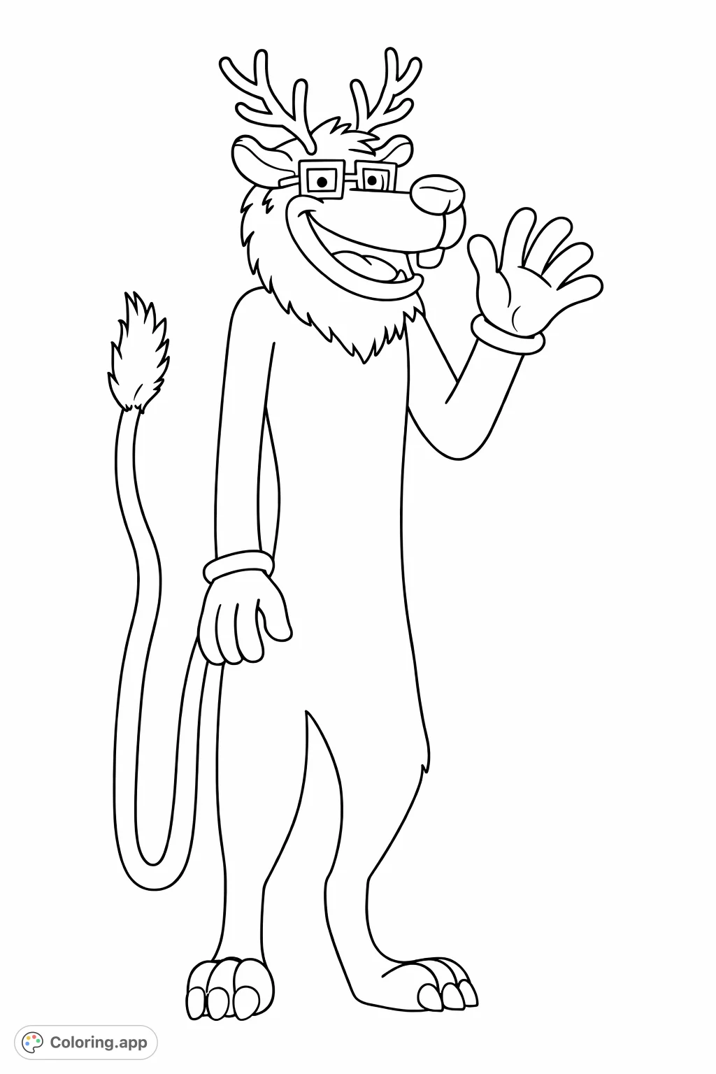 Color a friendly, waving cartoon lion character with glasses and a fun crown! Perfect for sparking creativity and adding unique flair.
